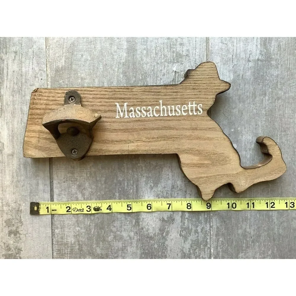 MASSACHUSETTS Shaped Wood Wall Mount BOTTLE BEER OPENER Handcrafted NEW Bar